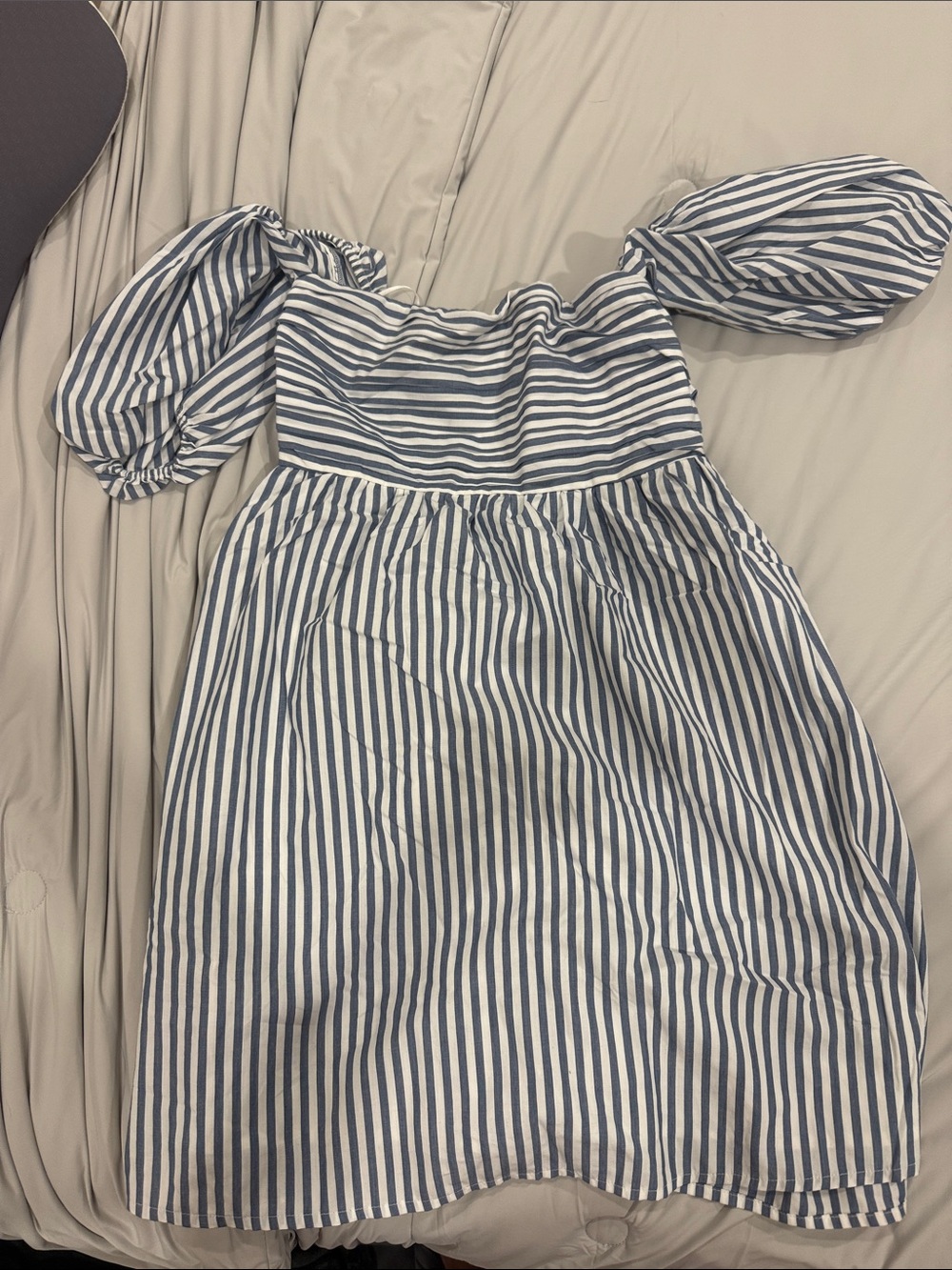 Womens Blue and White Striped Off-Shoulder Dress - XS TALL
